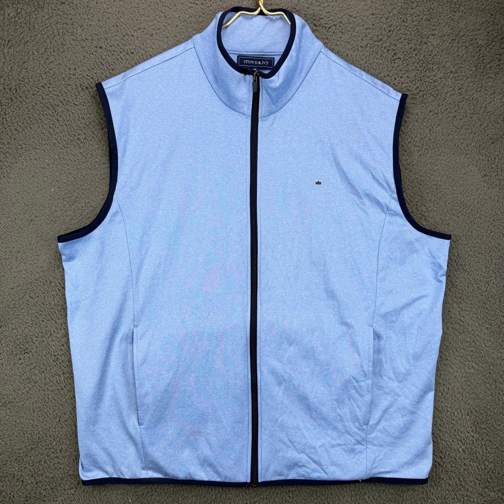 Crown & Ivy Mens XL Light Blue Performance Full Zip Golf Vest Heathered Vest